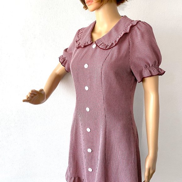 Gingham Checked Mini-Dress Ruffled Collar ALLEGRA K Grunge Twee Petite XS to S - Picture 8 of 9